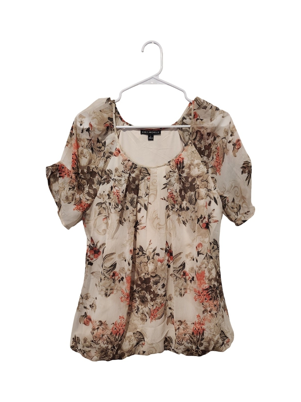 Sara Michelle Cream Floral Peasant Top with Coral and Brown Accents